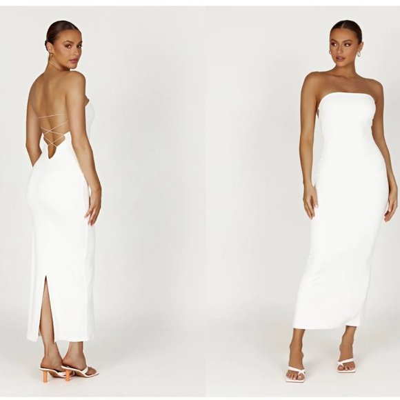 MESHKI Recycled Nylon Strapless Tie Up Maxi Dress - White - Picture 1 of 5